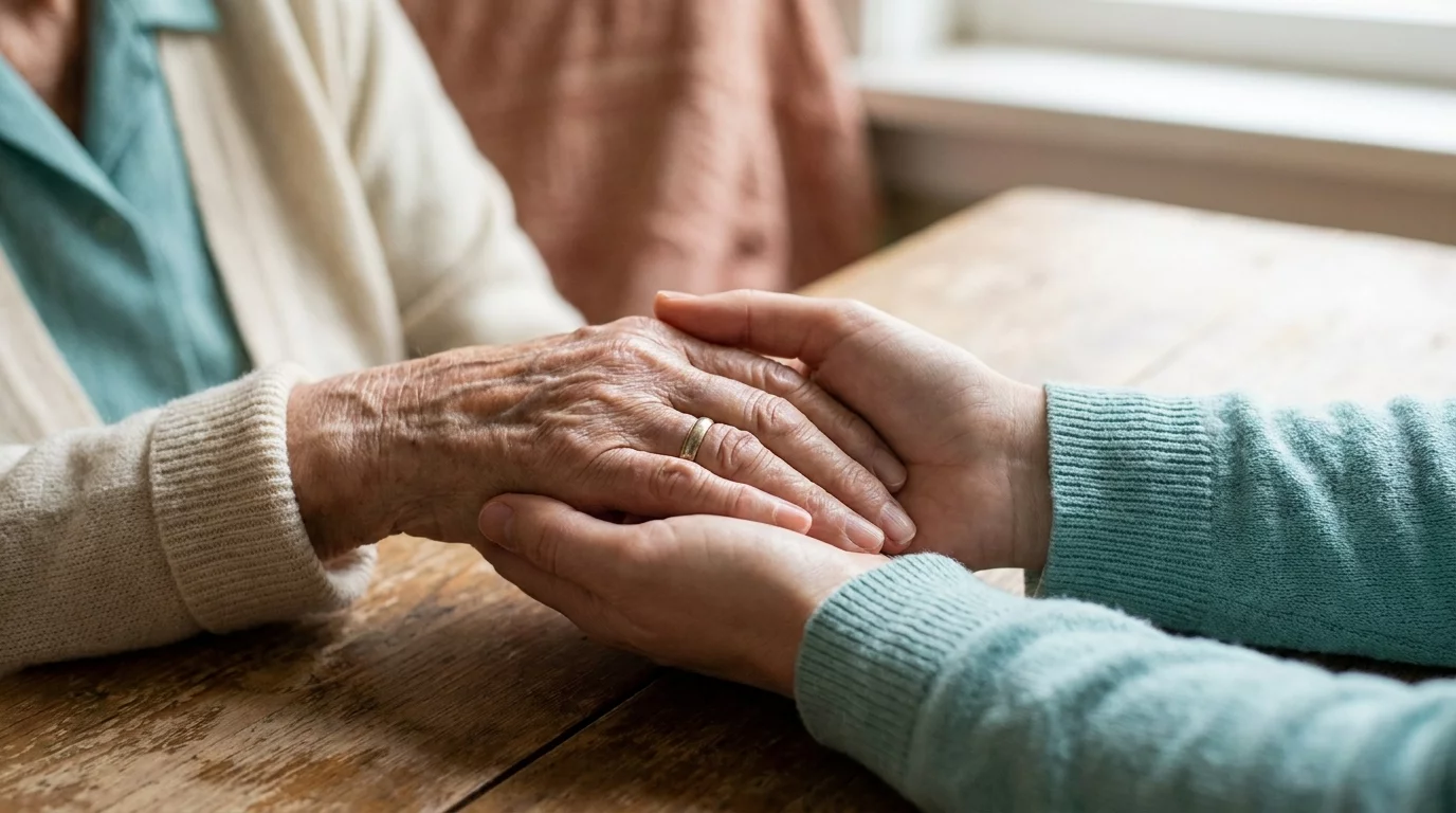 Proche aidant tenant la main d'un parent age